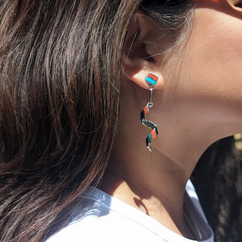 Authentic Zuni‎ Spiral Multi Stones Inlay Dangle Earrings Handmade NA Jewelry**